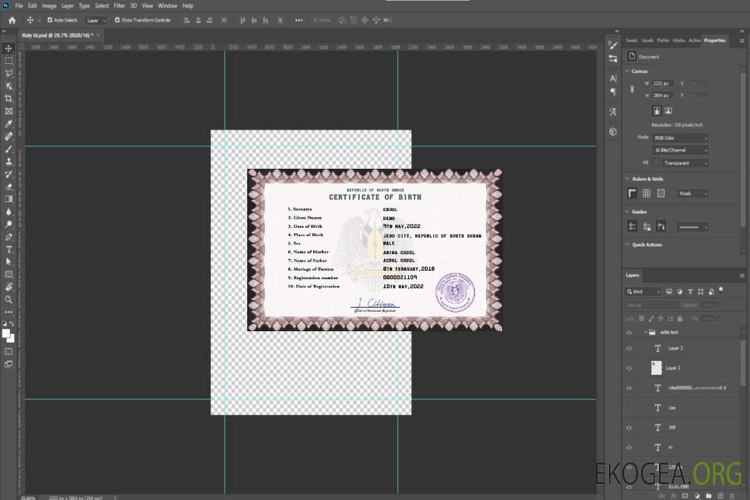 Modèle PSD de certificat de naissance au Soudan du Sud template